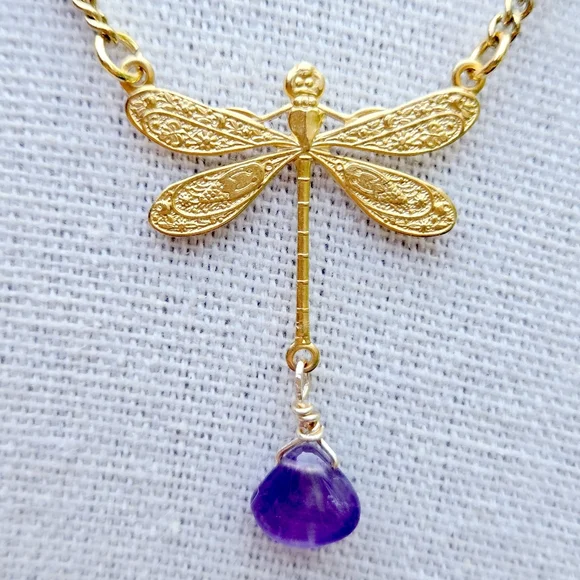 Handmade AMETHYST Gemstone DRAGONFLY Pendant Charm Necklace. 16-18" - Picture 5 of 12